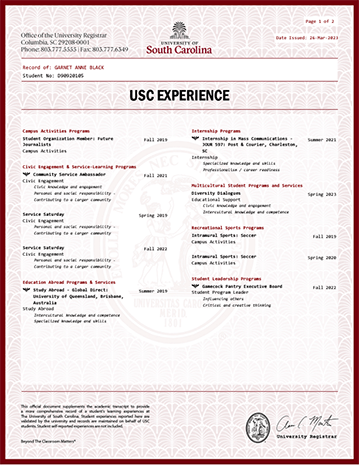 A full page view of the My USC Experience transcript