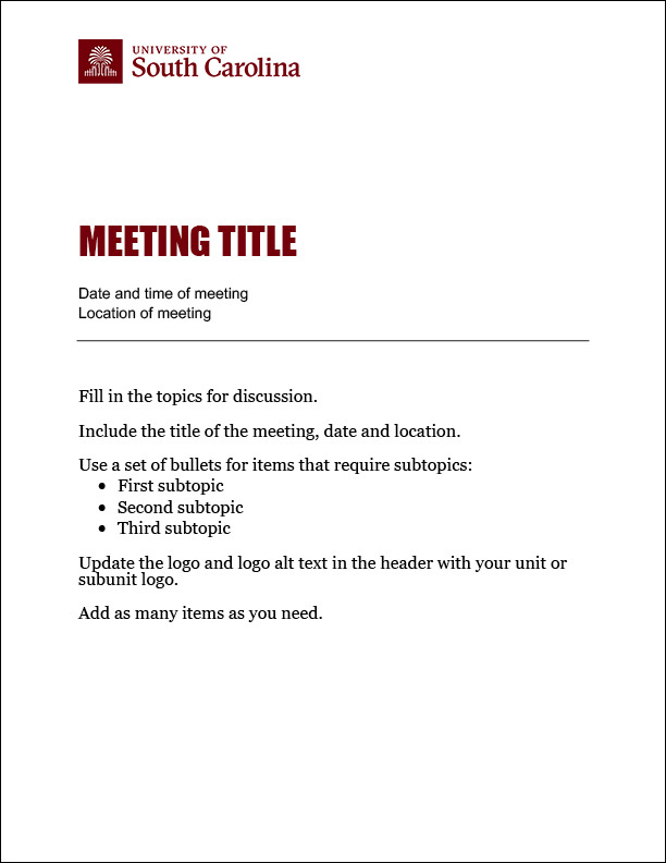 Sample agenda with USC log upper left, meeting title headline and placeholder text below.