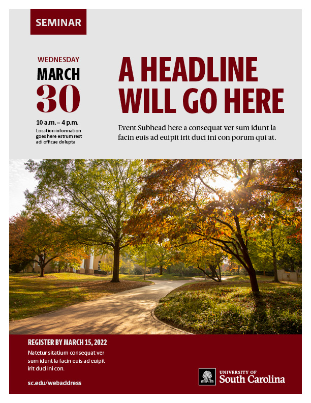 Sample of a digital file with placeholder headline, date, text and image with white USC logo placed bottom right on garnet background..