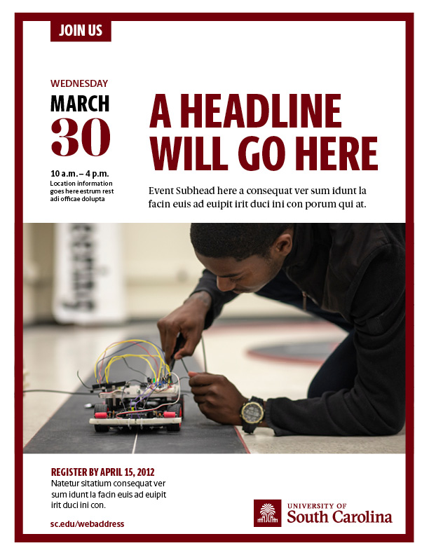 Sample of a digital file with garnet border, placeholder headline, date, text and image with USC logo placed bottom right.