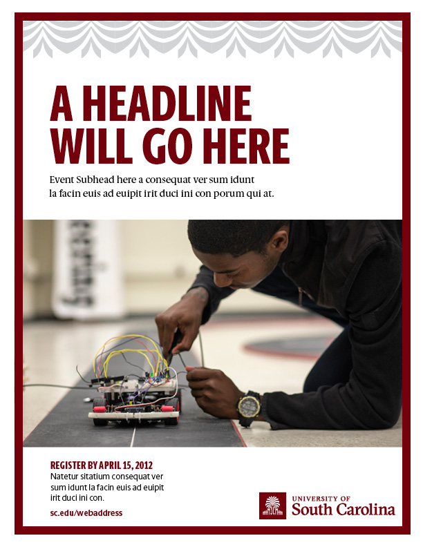Sample of a digital file with garnet border, decorative pattern across top, placeholder headline, text and image with USC logo placed bottom right.