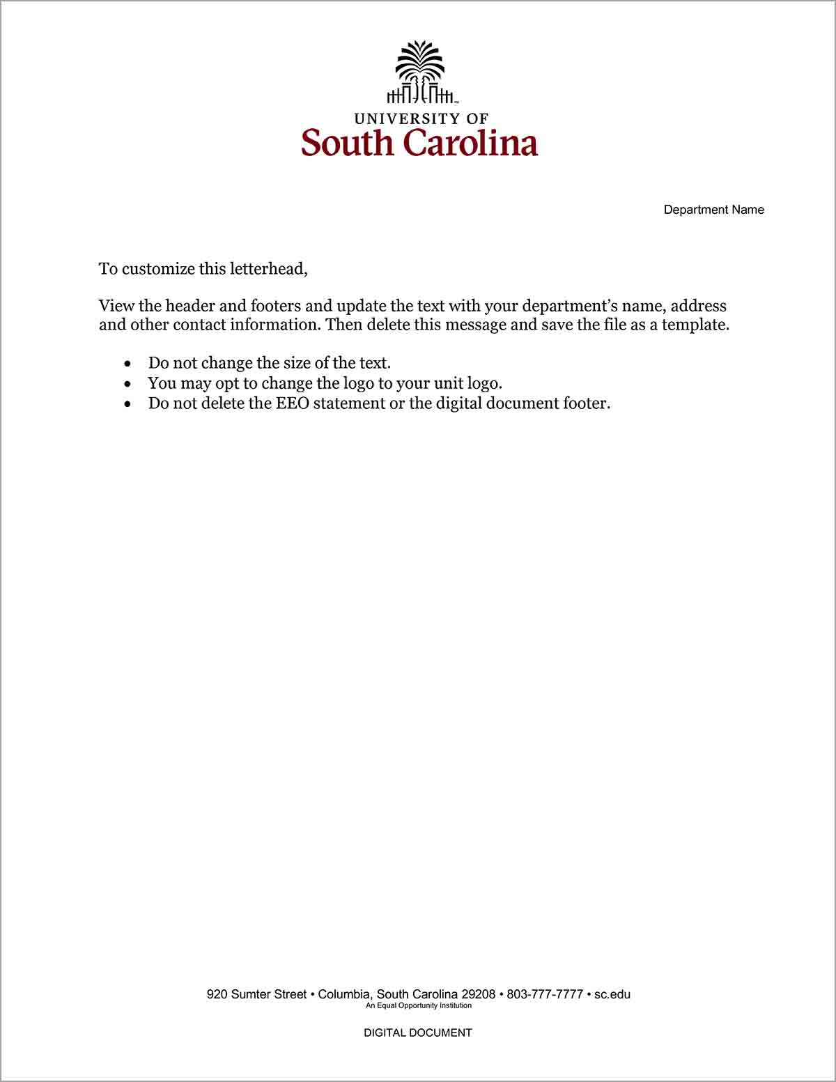 Sample stationery letterhead with USC logo top center and placholder text below.