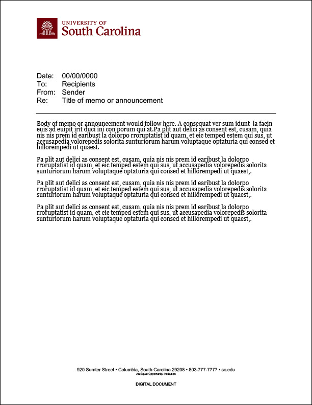 Sample memo with USC logo upper left and placholder text below.