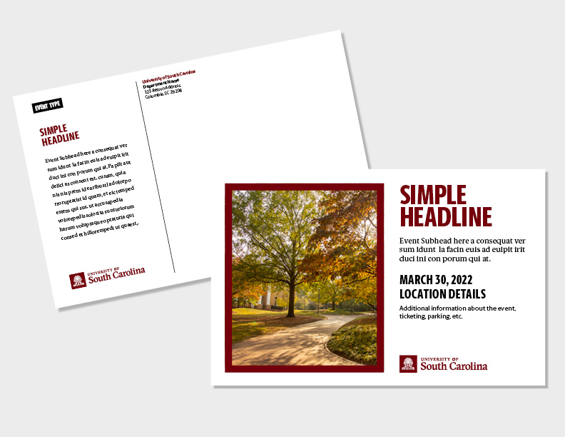 Sample postcard template with garnet frame around photo.