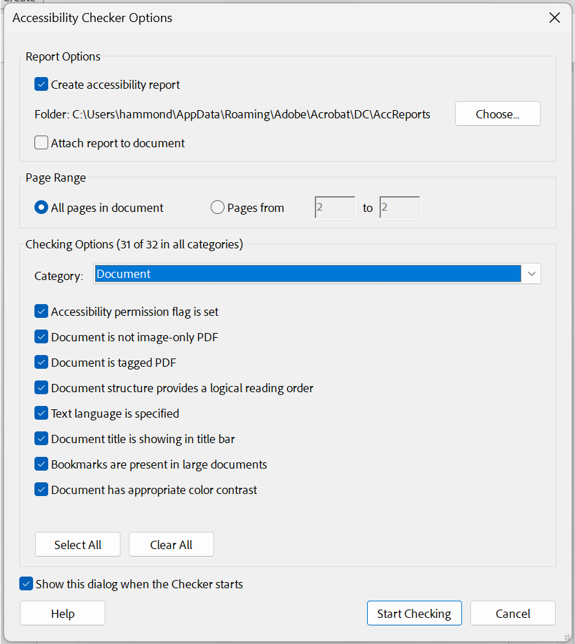 Screenshot of Accessibility Checker Options dialog. Document category chosen with all associated checking options selected.