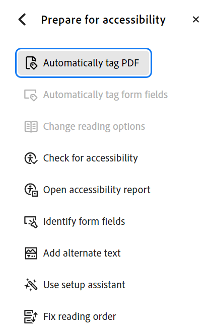 Screenshot of Automatically tag PDF option selected above Check for accessibility and other accessibility options.