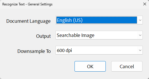 Screenshot of Recognize Text dialog box containing document language options, currently English US selected. 