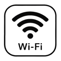 Black and white Wi-Fi symbol icon with the text ‘Wi-Fi’ below it.