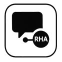 Black and white icon of a speech bubble with a circle labeled ‘RHA,’ representing connecting with the Residence Hall Association.