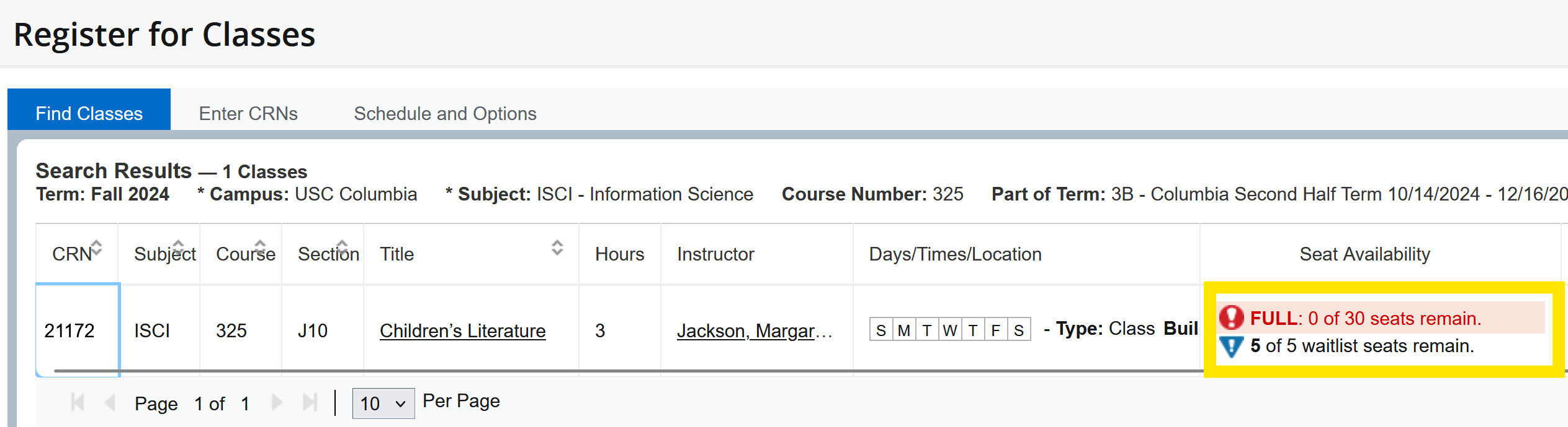Waitlist Availability in Register for Classes Screenshot of Register for Classes in Self Service Carolina showing waitlist seat availability in the Seat Availability column