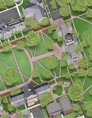 Illustration rendering of campus buildings and the historic horseshoe from the campus map.