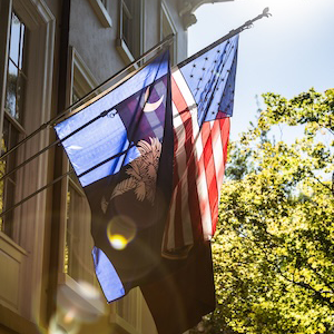 south carolina and american flag hanging next to beige building