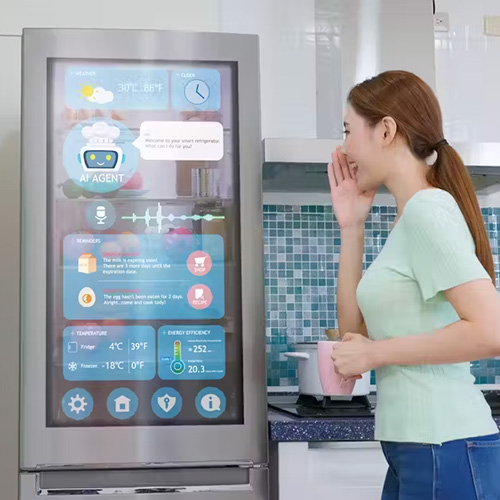 A woman looks at options inside a vending machine.